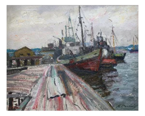 Nikolajs Breikss, At the Port, 1966, Oil on Cardboard