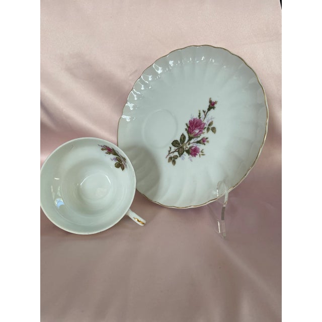 Mid 20th Century 1940’s Rare Royal Rose of Japan Lunch, Snack, Tea Set. Charming Loop-Broken Shape Handles on Tea Cups. 6 Piece Set ( +1 Free Bonus Plate Included) For Sale - Image 5 of 12