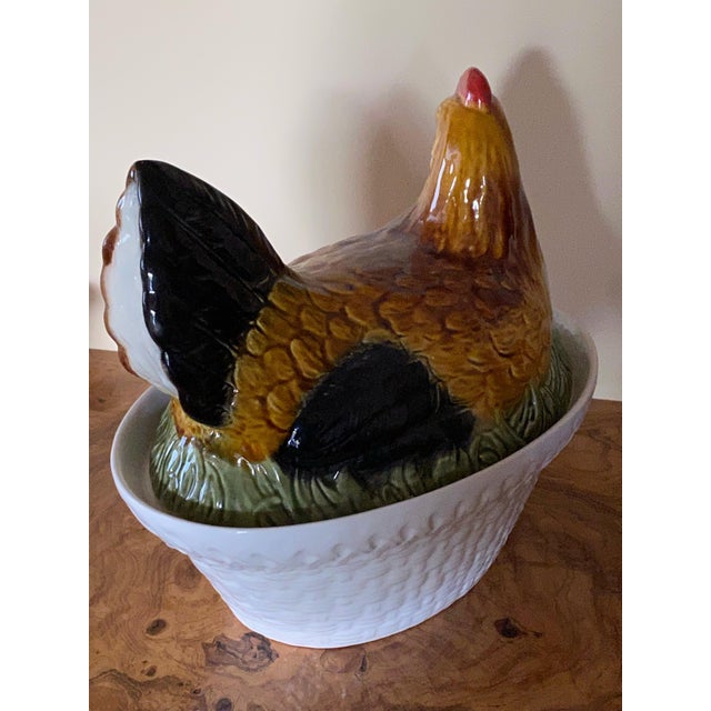 1980 Large Ceramic Hen Rooster Hand Painted Signed Tureen 2 Piece Chicken Lid and Ceramic Tureen