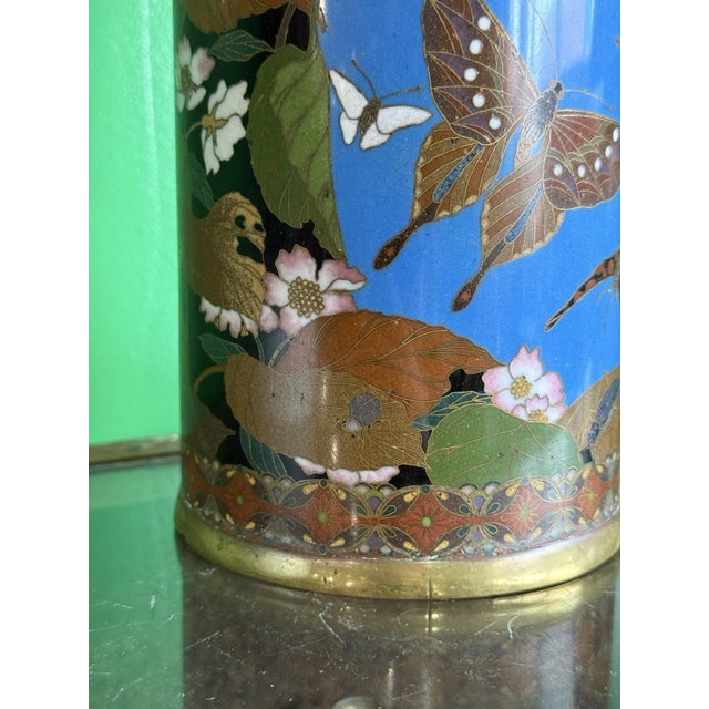 Cerulean Meiji Period Japanese Cloisonne Enamel Vase With Birds Butterflies and Insects For Sale - Image 8 of 18
