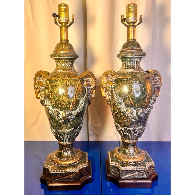 English 1980s Pair of Vintage Ram Head Faux Marble Faux Bronze Neoclassical Reproduction Lamps For Sale - Image 3 of 11
