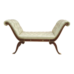 Neoclassical Style Partial Gilt, Mahogany & Brass Nail Trim Tufted Leather Bench