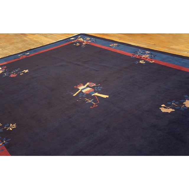 Chinese 1930s Dark Blue Floral Antique Peking Rug 11' X 15' Handknotted Wool Carpet For Sale - Image 3 of 10