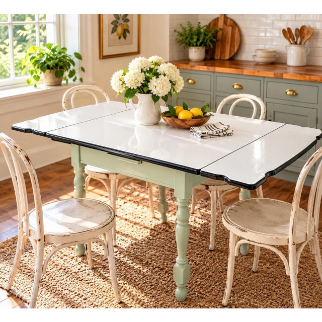 Charming vintage expandable kitchen table featuring a classic white porcelain enamel top with contrasting black trim and a...