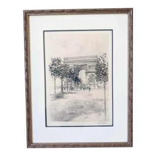 Early 20th Century Signed Hand-Colored Etching of Arc De Triomphe, Paris, Framed For Sale