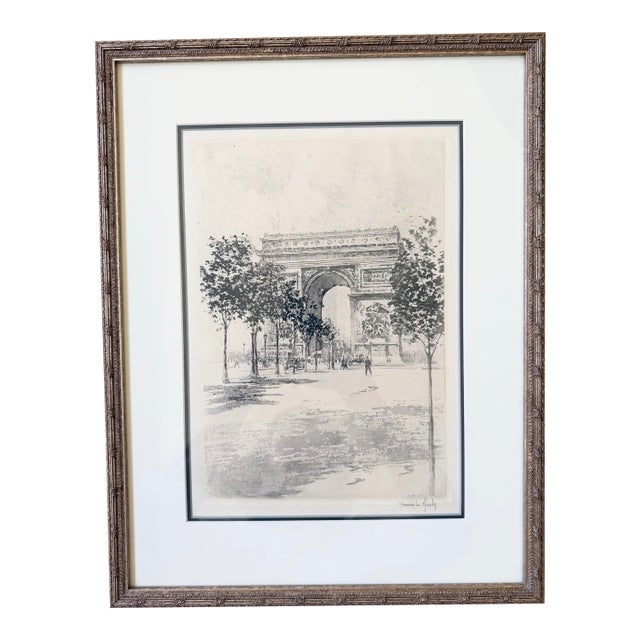 Early 20th Century Signed Hand-Colored Etching of Arc De Triomphe, Paris, Framed For Sale