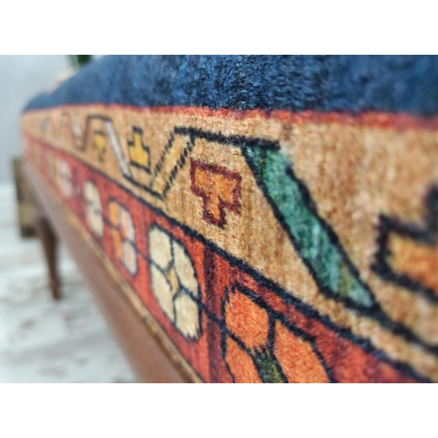 Ink Blue Printed Rug Fabric Upholstered Ottoman Bench For Sale - Image 9 of 10