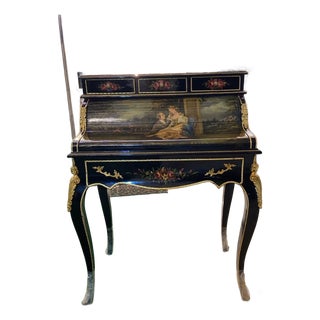 1960s French Louis XV Secretary Desk Hand-Painted Mahogany Bureau Plat 6 drawers-Black For Sale