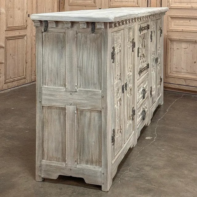 Antique Grand Gothic Rustic Whitewashed Buffet For Sale In Dallas - Image 6 of 12