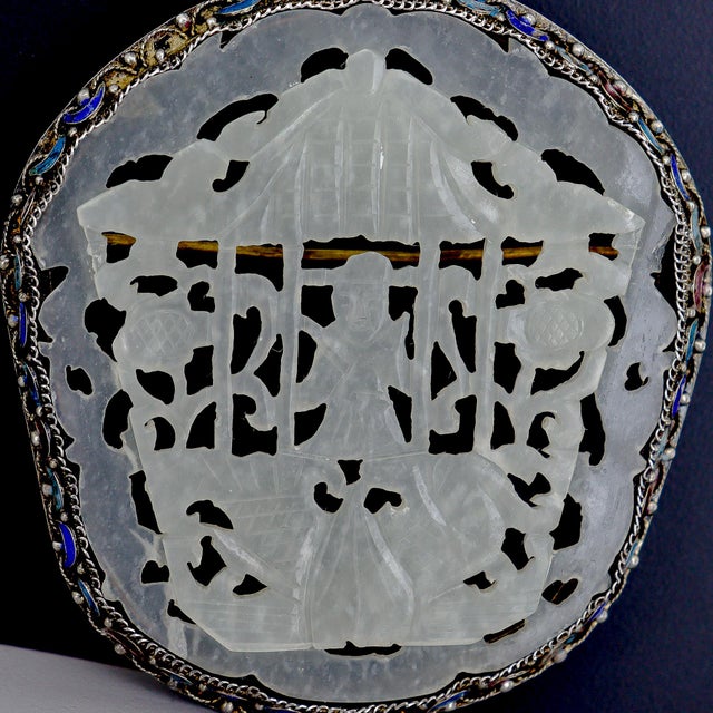Vintage Chinese Silver, Carved Jade, and Enamel Brooch For Sale In Philadelphia - Image 6 of 16