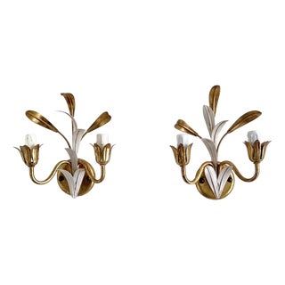 Italian Gilt and White Tole Two-Light Wall Sconces Masca, 1970s, Set of 2 For Sale