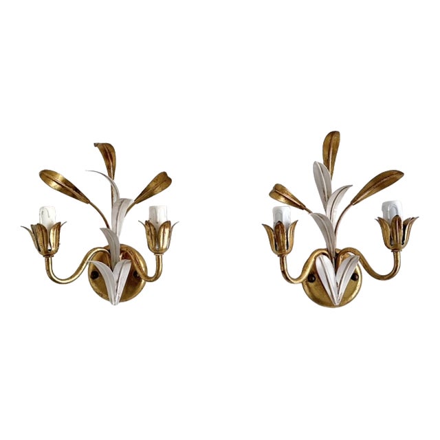 Italian Gilt and White Tole Two-Light Wall Sconces Masca, 1970s, Set of 2 For Sale