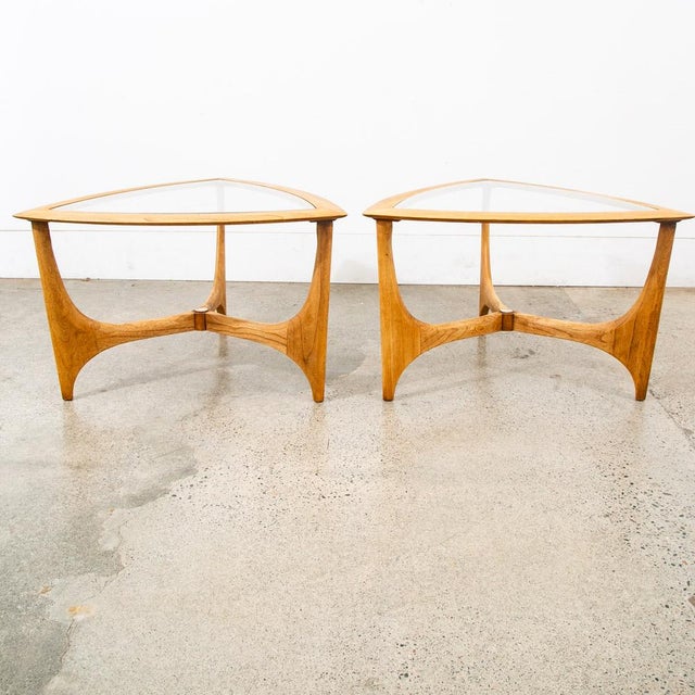 Unique compact round cocktail side table with glass top surface by Lane. unique and well made. Unique joinery throughout...