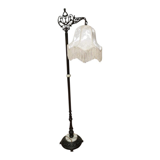 1920's Meyda Tiffany Edwardian Bridge Arm Floor Lamp With Marble Base and Fringed Bell Shade