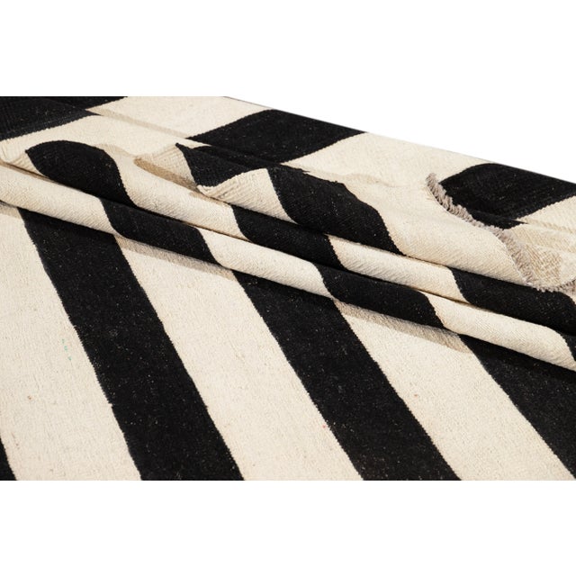 Black Contemporary Oversize Black & White Striped Kilim Large Flatweave Wool Rug For Sale - Image 8 of 11