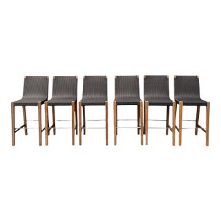 Set of 6 Janus Et Cie Teak Woven Bronze Barstools For Sale