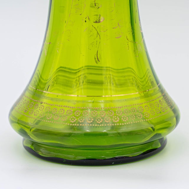 Pair of Antique Enameled Bohemian Green Glass Vases For Sale - Image 4 of 8