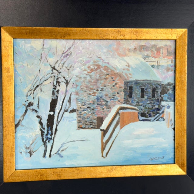 Late 20th Century Ben Marcune Signed Oil Painting, Snowy Stone Building & Railing Winter Scene, Framed For Sale - Image 5 of 12