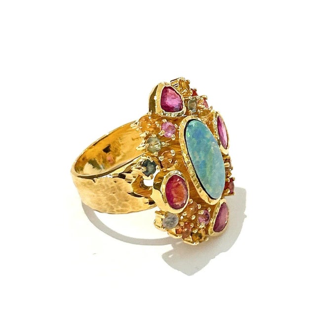 Baroque Bochic “Orient” Opal, Ruby & Multi Sapphire Vintage Cluster Ring Set 18k & Silver Size 4 For Sale - Image 3 of 5