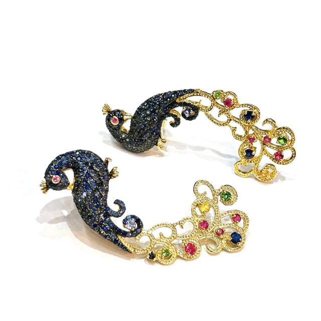 Bochic "Orient" Vintage Sapphire & Multi Gem Peacock Earrings 18K Gold & Silver For Sale - Image 14 of 18