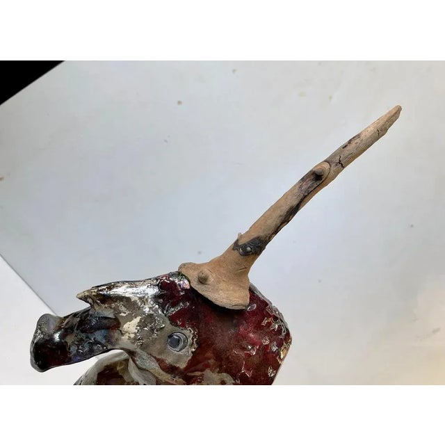 Wood Danish Naive Fantasy Unicorn in Raku Burnt Stoneware, 2000s For Sale - Image 7 of 12