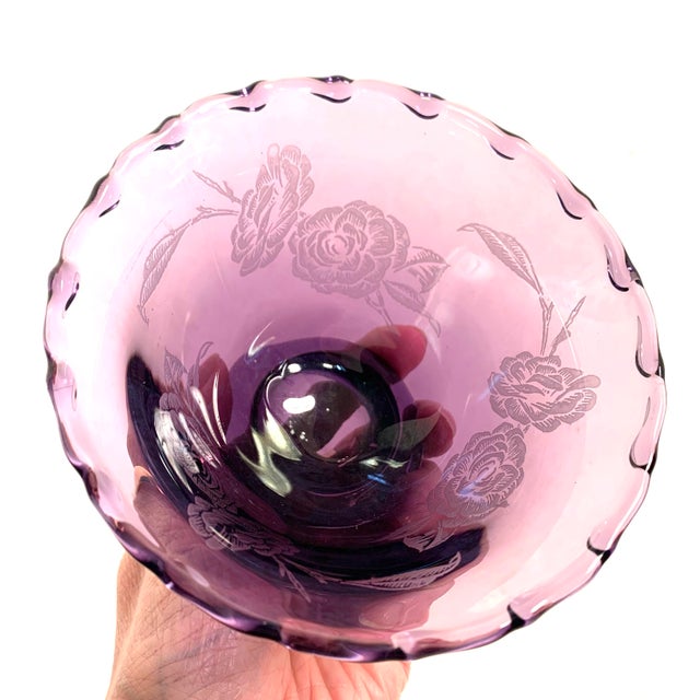 Early 20th Century Mid Century Modern Fostoria Floral Etched Amethyst Glass Century Pedestal Serving Bowl For Sale In Louisville - Image 6 of 10