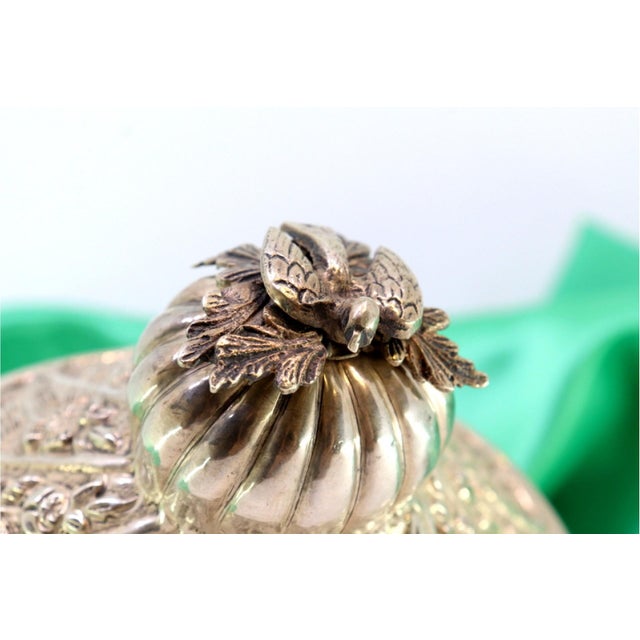 Silver Bonbon Box with Embossed Floral Motifs and Dove-Shaped Knob on the Hinged Lid and Two Handles For Sale - Image 4 of 8