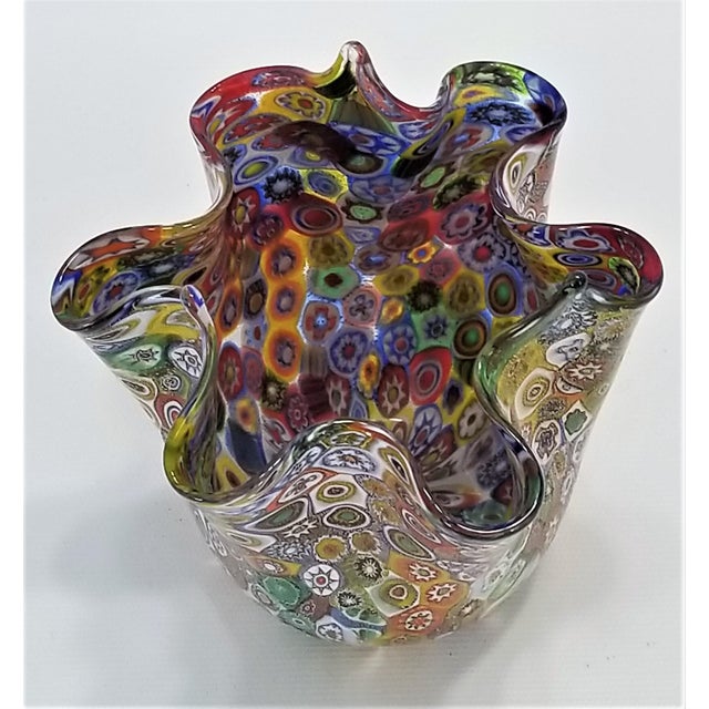 Boho Chic Vintage Murano Glass Hankerchief Vase - Millifiori and Gold by Campanella- Signed - Italy Italian Palm Beach Boho Chic Mid Century Modern For Sale - Image 3 of 13