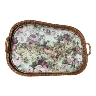 Vintage 1950s Floral Fabric with Glass and Wicker Tray For Sale
