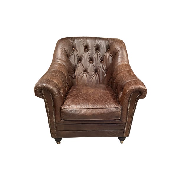 Restoration Hardware Distressed Leather Club Chairs, Pair – Tufted English Library Lounge Chairs With Rolled Arms & Brass Casters For Sale - Image 9 of 18