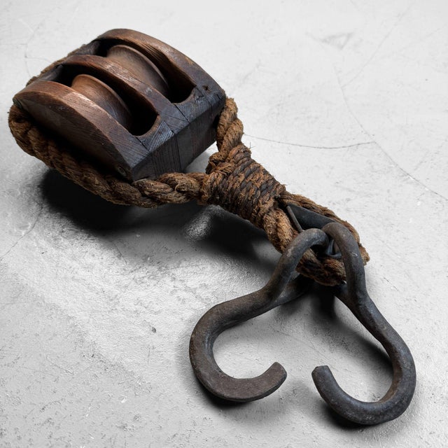 Japanese Wooden Double Pulley with Forged Hooks, 1900s For Sale - Image 11 of 11