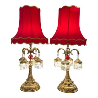 1960s Brass Finish Metal and Crystal Lamps With Original Red Silk Shades a Pair For Sale