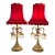 1960s Brass Finish Metal and Crystal Lamps With Original Red Silk Shades a Pair For Sale