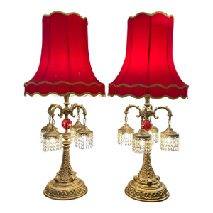 1960s Brass Finish Metal and Crystal Lamps With Original Red Silk Shades a Pair
