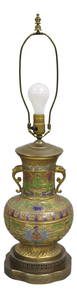 Vintage Middle Eastern Cloisonné Champlevé Blue Green Brass Table Lamp