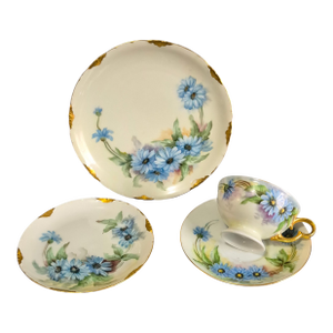 Vintage r.c. Versailles Bavaria Painted Gilded Blue Floral Aster Porcelain 4piece Tea Set