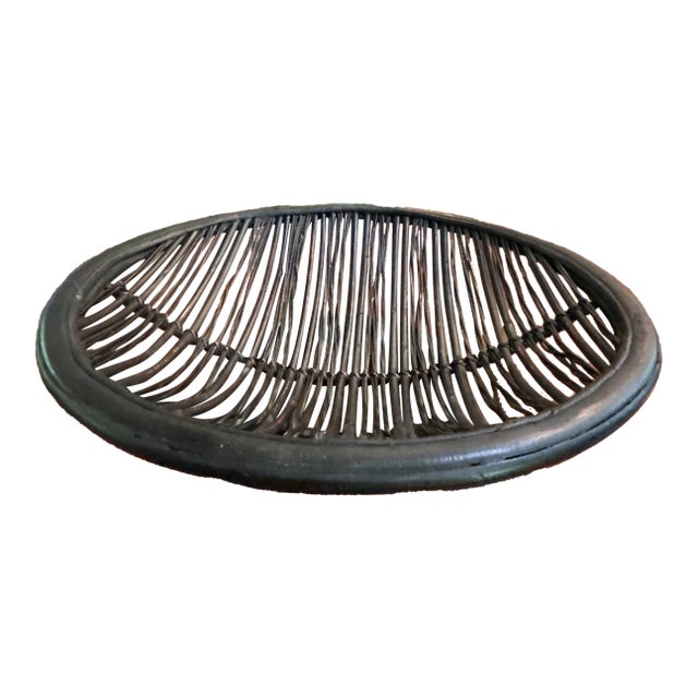 Large Black Rattan and Bamboo Shallow Basket For Sale