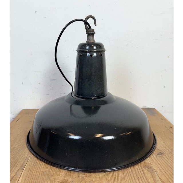 Industrial French Dark Grey Enamel Factory Pendant Lamp, 1960s For Sale - Image 15 of 17
