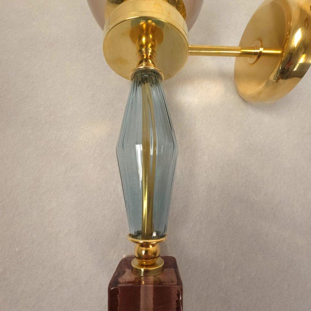 1990s 1990s Pair of Blue and Purple, Mid-Century Modern, Murano Glass Sconces For Sale - Image 5 of 10
