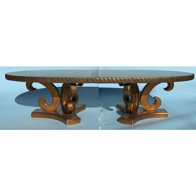 1960s Wood Oval Gold Leaf Coffee Table With PlexiGlass Top For Sale - Image 4 of 12
