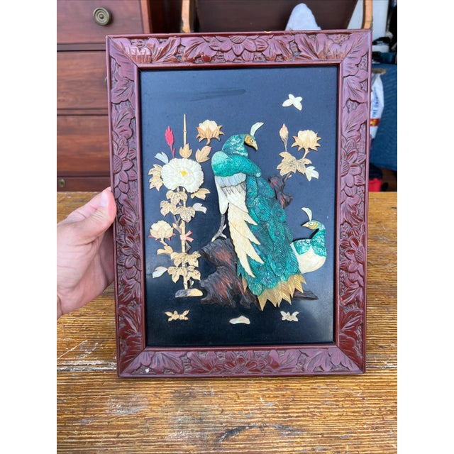 Vintage Chinese Carved Shell and Lacquer Peacock WallHang Artwork, Circa 1950’s For Sale - Image 14 of 15