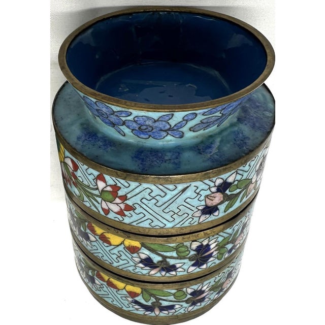 Antique 19th Century Chinese Cloisonné Stacking Box, Late Qing Dynasty, Blue Enamel, Scholar Accessory For Sale - Image 14 of 15