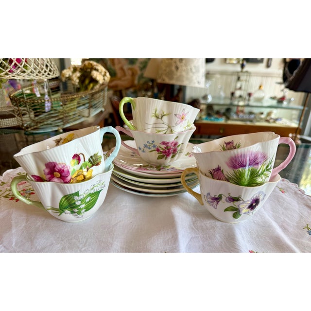 English Shelley, English Porcelain Spring Flowers Set of 6 Teacups & Saucers For Sale - Image 3 of 15