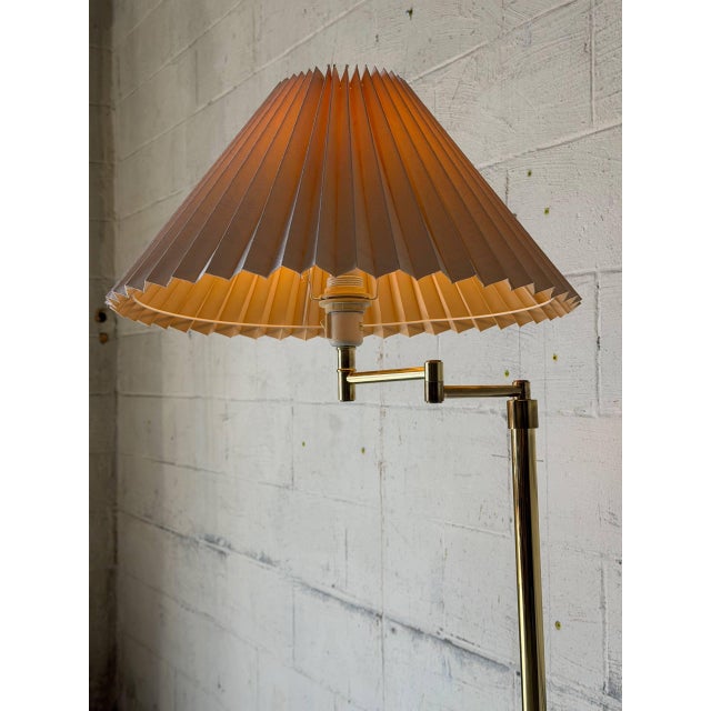 Brass Swing-Arm Floor Lamp With Pleated Shade Danish Mid-Century Modern 1960s For Sale - Image 9 of 11