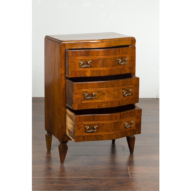 Italian Italian 1800s Petite Walnut Three-Drawer Bow Front Chest with Banding For Sale - Image 3 of 12