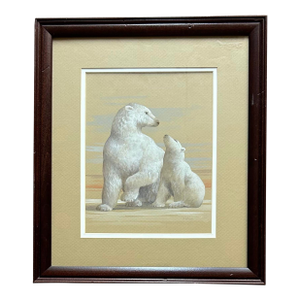 1990s Vintage Original Gouache Painting of Polar Bears by Wildlife Artist Fred Wetzel, Framed