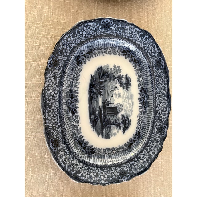 Antique Mid-19th Century Ridgways “Grecian” Blue Transferware Graduated Platters (15”, 17”, & 19”) - Set of 3 For Sale - Image 10 of 12