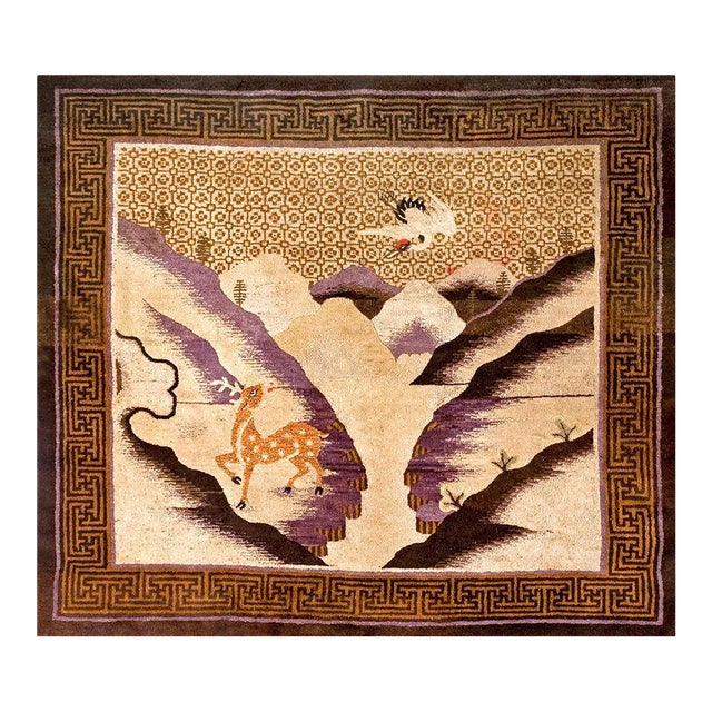 1920s Earth Tone Animalistic Antique Chinese Bao Tou Rug 5'6" X 6'0" Handknotted Wool Carpet For Sale