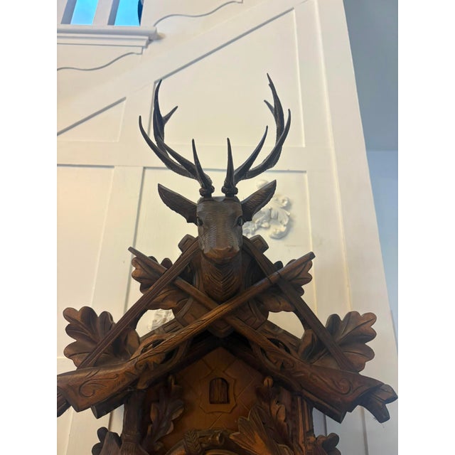 Wood Antique Black Forest Carved Walnut Cuckoo Clock, 1900 For Sale - Image 7 of 13