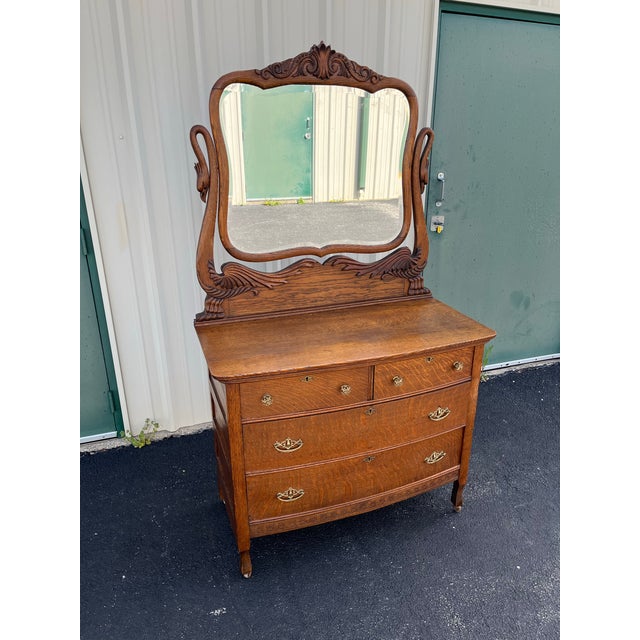 Wood Early American Tiger Oak Dresser With Carved Swan Mirror For Sale - Image 7 of 12